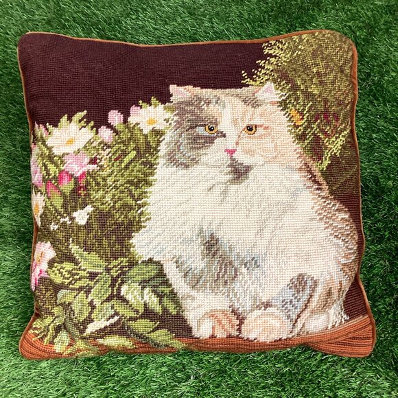 Vintage Cat Needlepoint Tapestry Pillow Long Haired Calico - Picture 1 of 11
